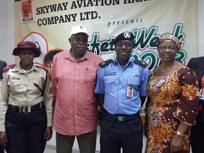 (L-r): Bamidele Jacqueline, officer, Federal Road Safety Commission (FRSC), Olu Owolabi, managing director, SAHCOL, Mr. Chuks Enwonwu, assistant commissioner of Police (Operations), Area “B” and Hajara Musa of FAAN, during the SAHCOL’s safety week in Lagos